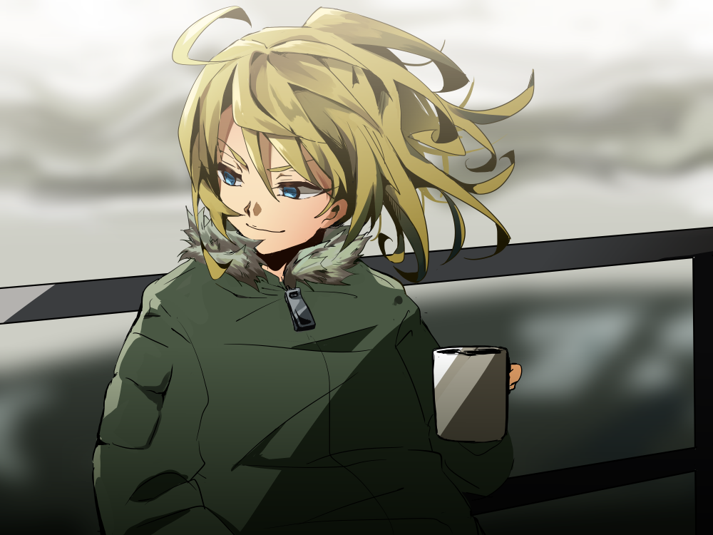 1girl, blonde_hair, blue_eyes, coat, coffee_cup, fur_collar, hair_between_eyes, riarashu