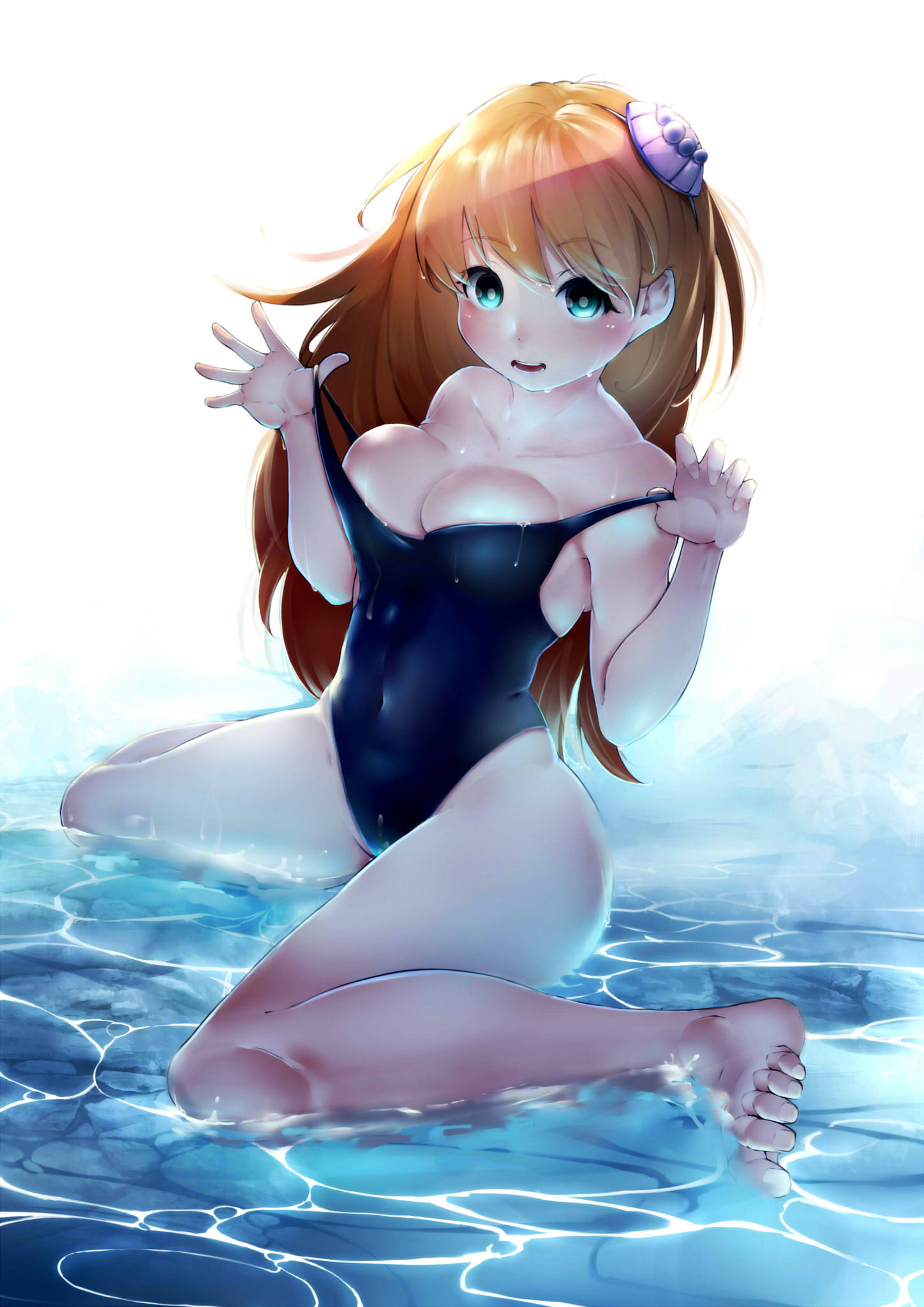 1girl, aqua_eyes, bad_feet, barefoot, breasts, brown_hair, cleavage, collarbone
