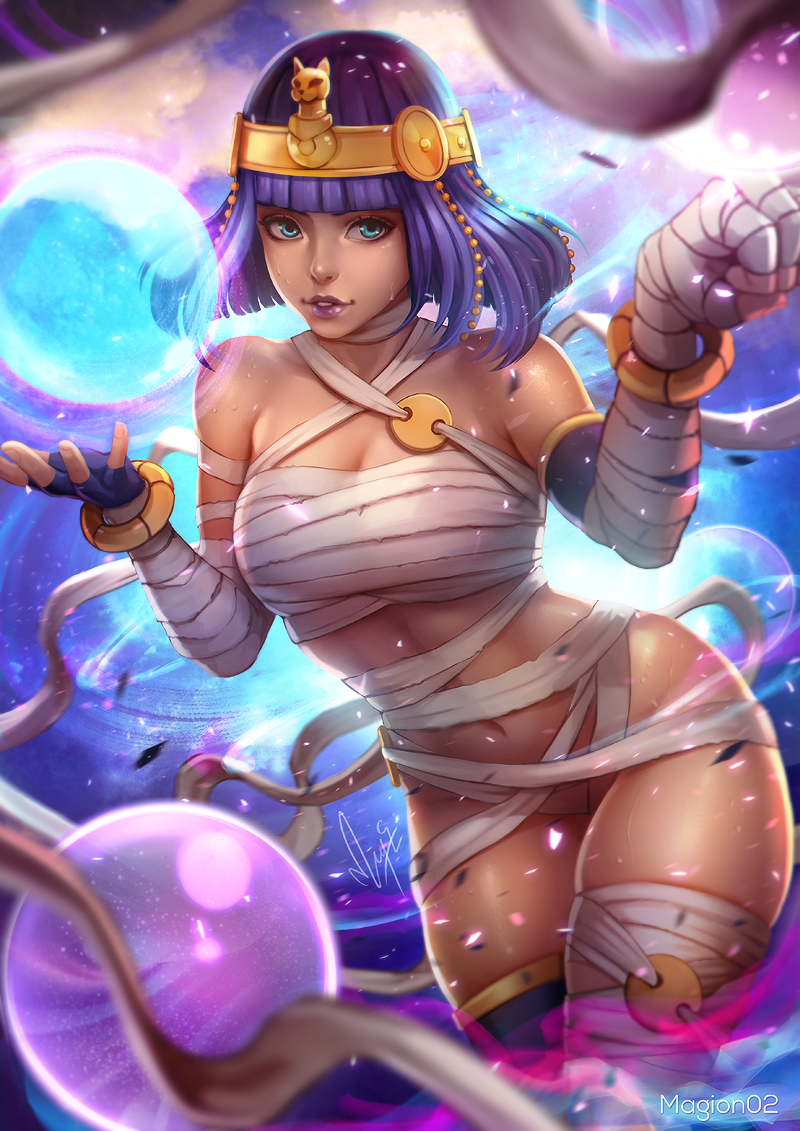 1girl, aqua_eyes, artist_name, bandage, bangle, bangs, black_gloves, blunt_bangs