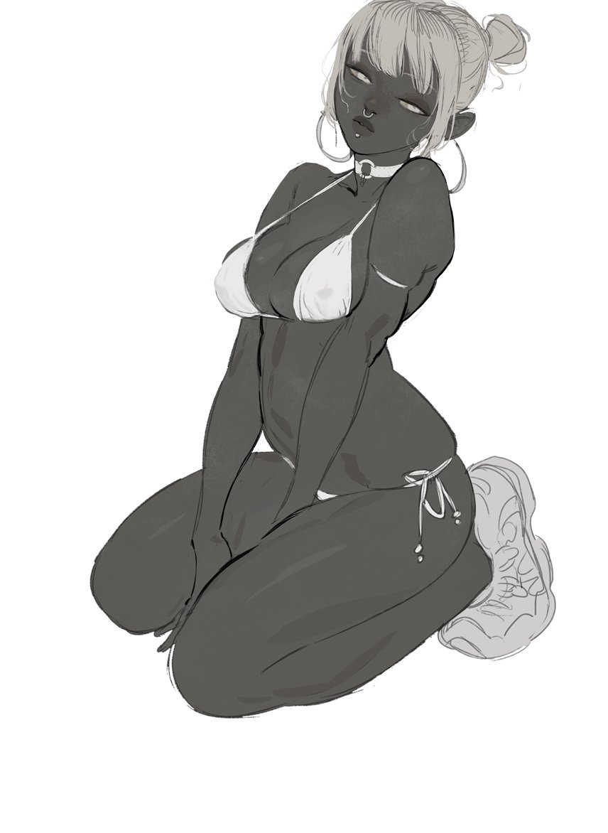 1girl, bikini, breasts, choker, dark_skin, hair_bun, horikwawataru, kneeling