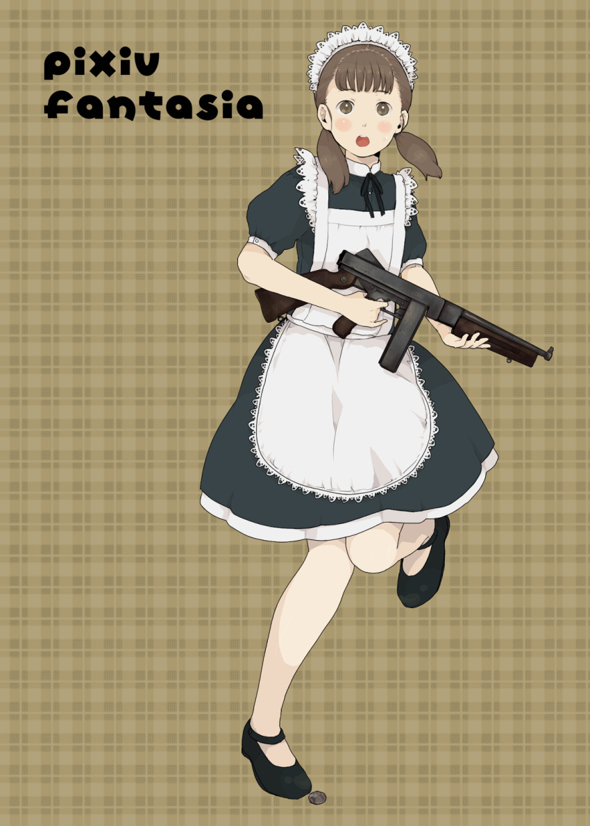 brown_eyes, brown_hair, gun, highres, maid, mosuko, pixiv_fantasia, pixiv_fantasia_1