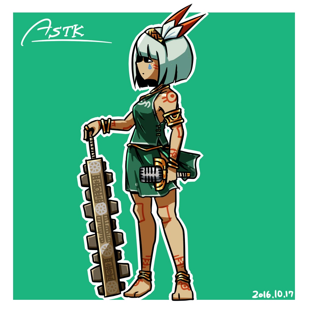1girl, anklet, armlet, asatsuki_(cookie), aztec, bangs, barefoot, black_eyes