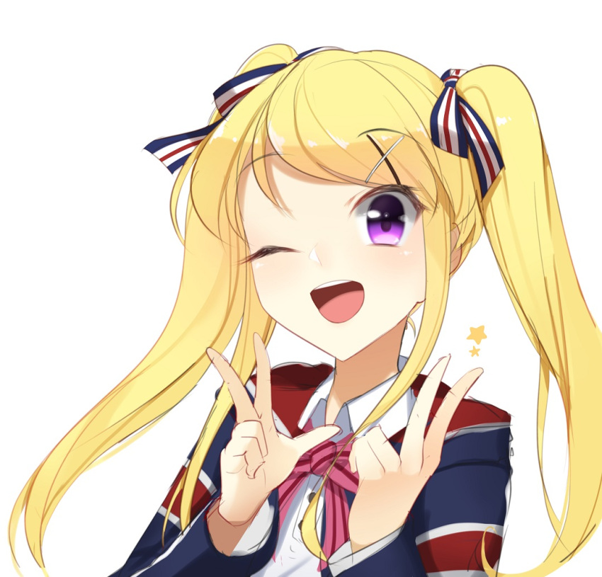 1girl, ;d, blonde_hair, blue_eyes, bow, double_v, hair_ornament, hood