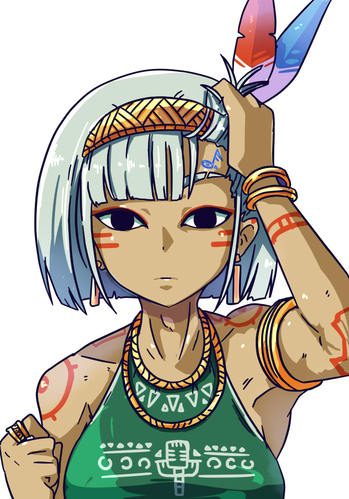 1girl, asatsuki_(cookie), aztec, blue_eyes, bob_cut, cookie_(touhou), dark_skin, green_shirt