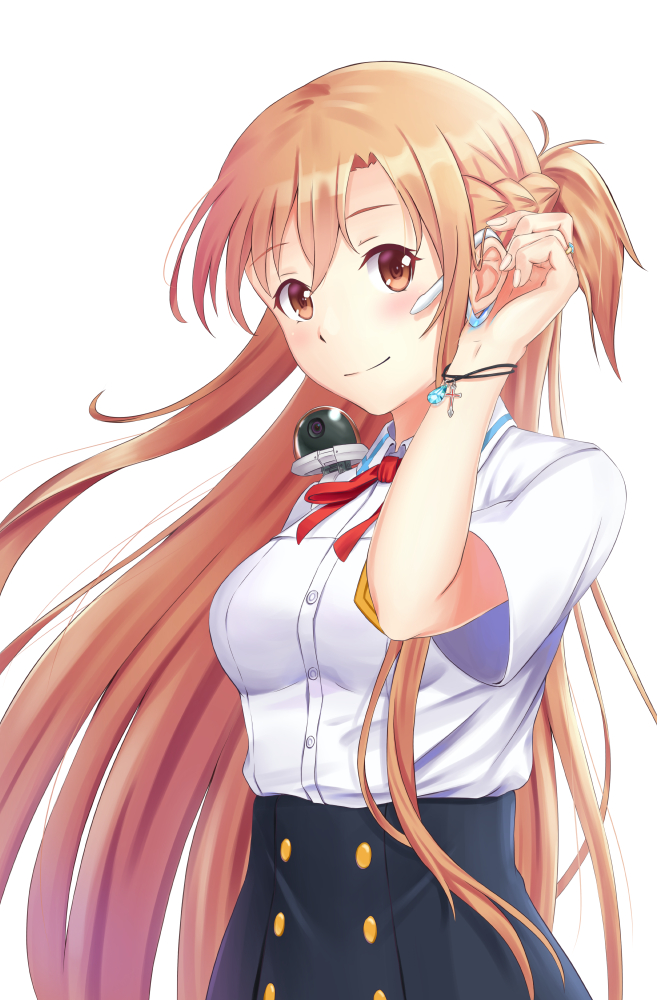1girl, adjusting_hair, alternate_costume, asuna_(sao), blush, braid, breasts, brown_eyes