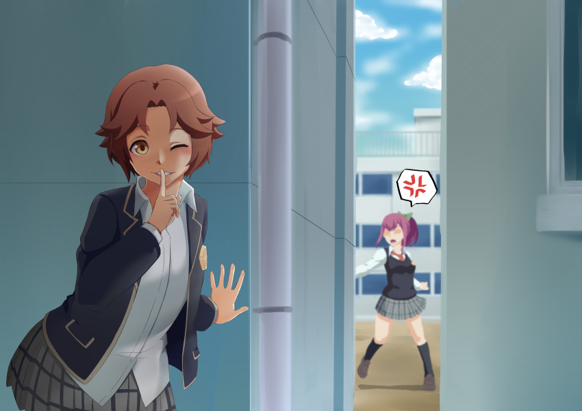 2girls, :3, ;3, absurdres, anger_vein, blush, brown_eyes, brown_hair