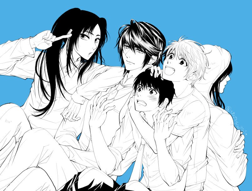 5boys, alternate_costume, black_hair, blush, crossover, facing_away, fangs, hand_on_another's_head