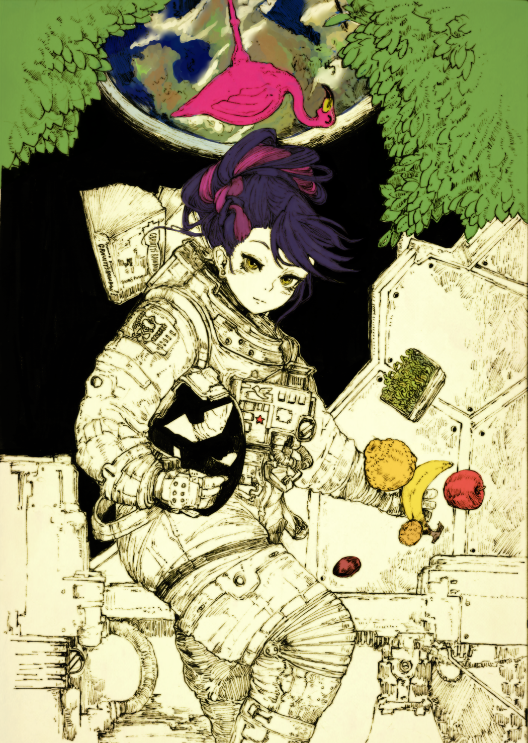 1girl, apple, astronaut, astronaut_helmet, banana, bird, book, earth