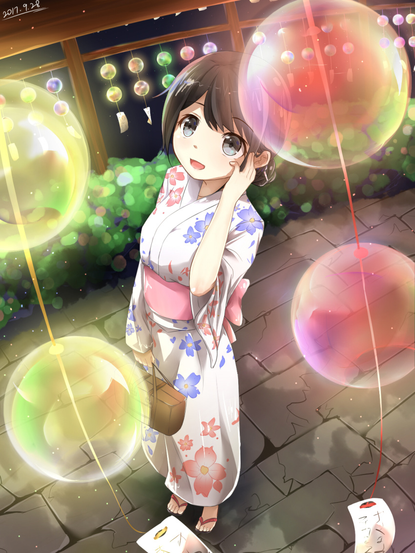 1girl, :d, bag, brown_hair, dated, floral_print, from_above, full_body