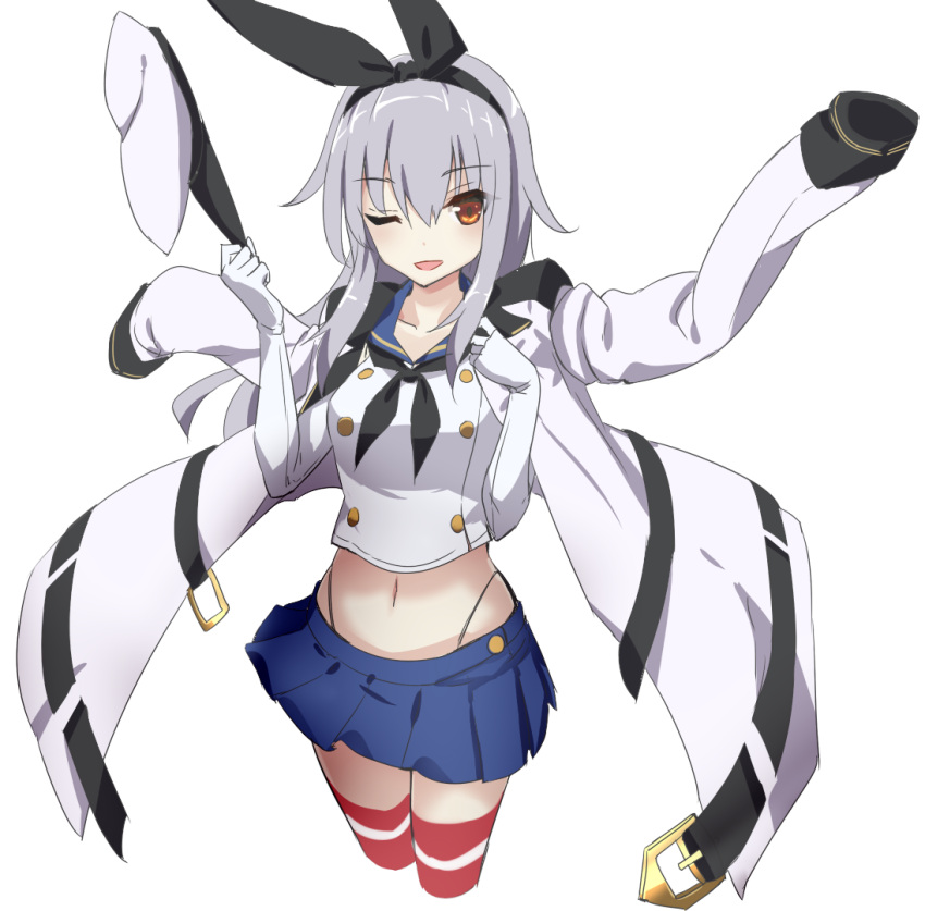 1girl, animal_ears, belt_buckle, black_belt, black_panties, blue_skirt, blush, breasts, buckle, collarbone, cosplay, elbow_gloves, epaulettes, gangut_(kantai_collection), gloves, grey_hair, hair_ribbon, hat, hat_removed, headwear_removed, heavens_thunder_(byakuya-part2), jacket, jacket_on_shoulders, kantai_collection, long_hair, long_sleeves, medium_breasts, midriff, miniskirt, navel, one_eye_closed, open_clothes, open_jacket, open_mouth, orange_eyes, panties, pleated_skirt, rabbit_ears, red_legwear, ribbon, sailor_collar, shimakaze_(kantai_collection), shimakaze_(kantai_collection)_(cosplay), simple_background, skirt, solo, striped, striped_legwear, thigh-highs, thong, underwear, upper_body, white_background, white_hat, white_jacket
