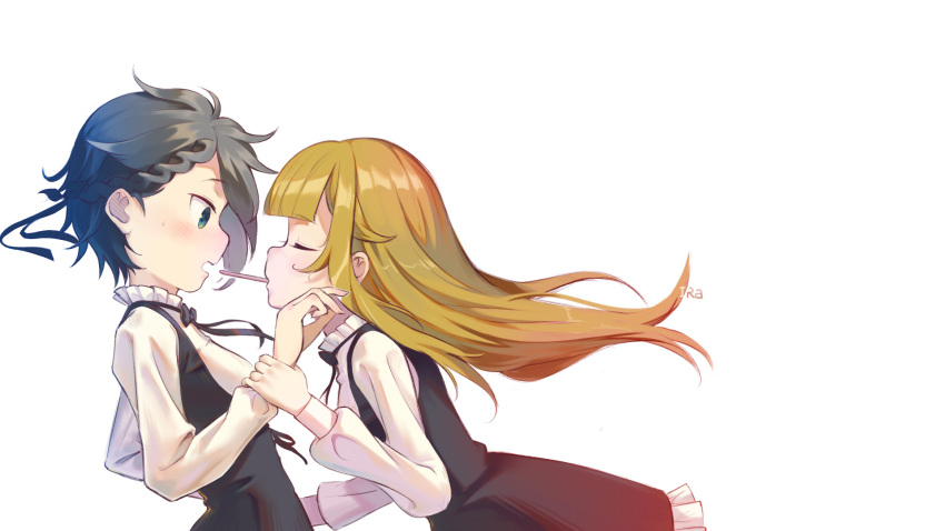 2girls, ange_(princess_principal), aqua_eyes, arm_grab, black_ribbon, blonde_hair, blush, braid