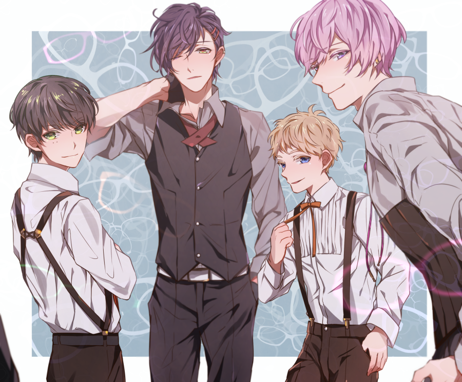 4boys, akashi_kuniyuki, arm_up, belt, black_gloves, black_pants, black_vest, blonde_hair