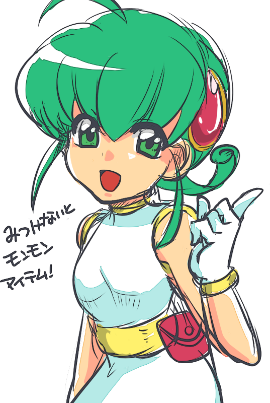 1girl, ahoge, bangs, bare_shoulders, belt, belt_pouch, bracelet, dress, gloves, green_eyes, green_hair, hair_ornament, hiiragi_rokuna, index_finger_raised, jewelry, open_mouth, r-ko_(rayla), rokumon_tengai_mon_colle_knight, sketch, solo, translation_request, white_background, white_gloves