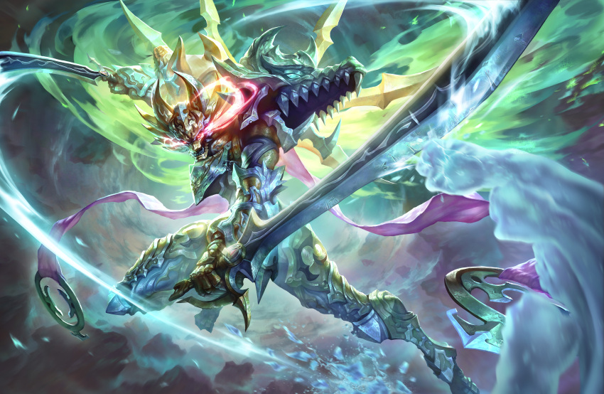 1boy, absurdres, armor, chains, commentary_request, dual_wielding, fighting, fire