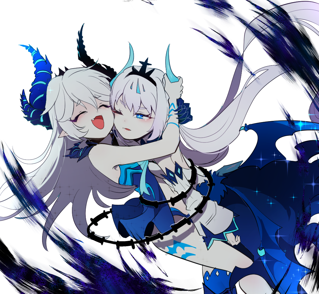 2girls, bags_under_eyes, bare_shoulders, blue_eyes, blush, blush_stickers, body_markings, closed_eyes, demon_tail, demon_wings, detached_sleeves, diabla_(elsword), elsword, fang, fang_out, hug, korean, long_hair, luciela_r._sourcream, mellchi, multiple_girls, multiple_persona, navel, navel_cutout, noblesse_(elsword), one_eye_closed, ribbon, symbol-shaped_pupils, tail, thigh-highs, tiara, wings