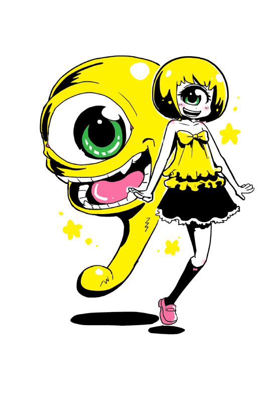 1girl, bare_shoulders, blonde_hair, blush, collarbone, cyclops, green_eyes, monster_farm