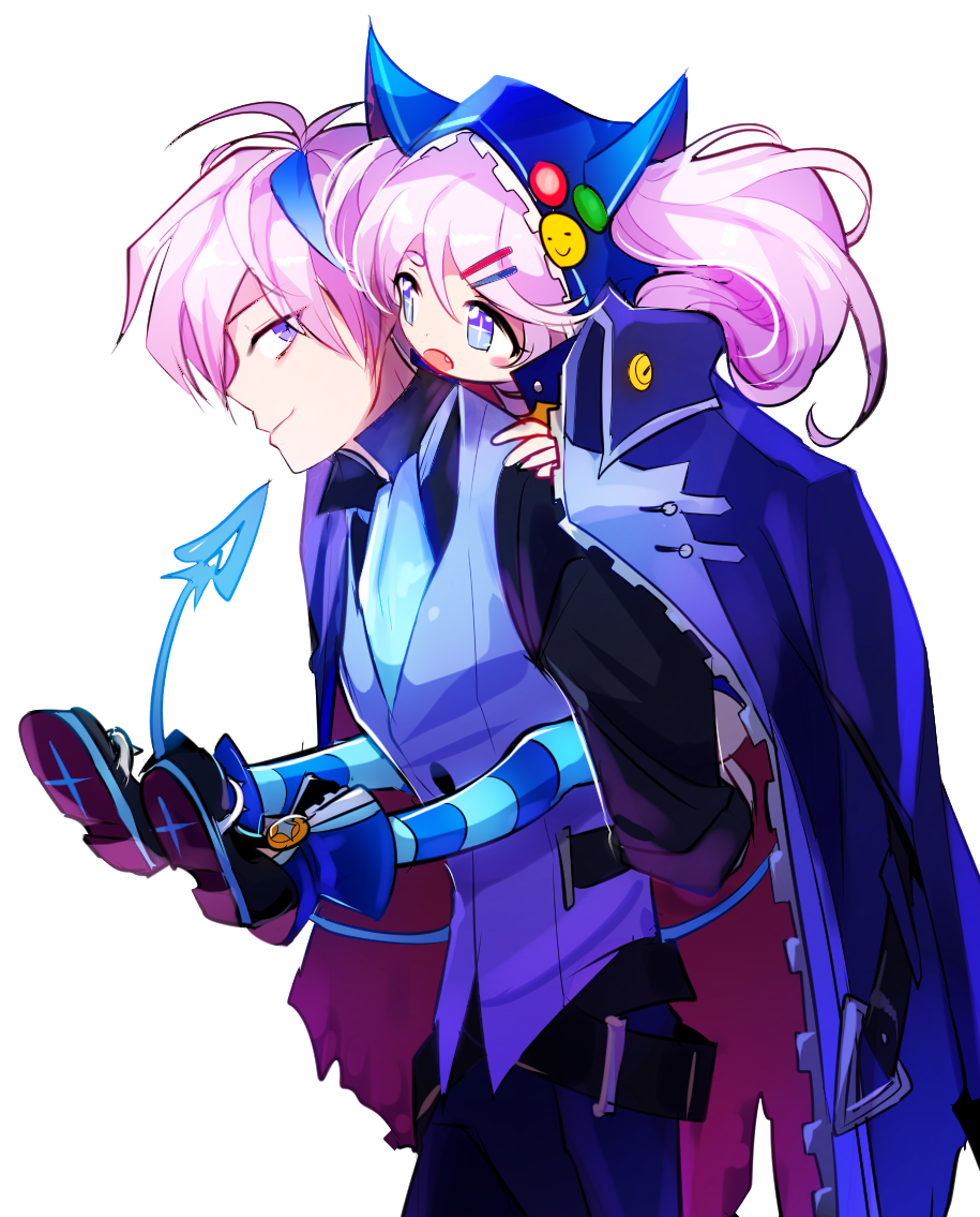 1boy, 1girl, belt, blue_eyes, blue_hair, blush_stickers, chiliarch_(elsword), ciel_(elsword)