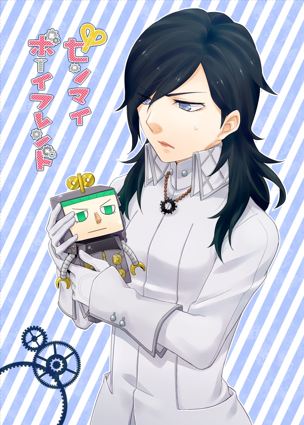 1boy, 1girl, black_hair, blue_eyes, character_doll, digital_devil_saga, gale_(dds), gloves, jenna_angel, long_hair, shin_megami_tensei, sweatdrop, white_gloves