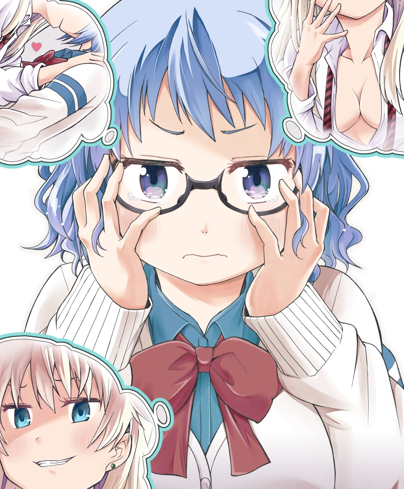 2girls, blue_eyes, blue_hair, bow, bowtie, cardigan, cover, cover_page