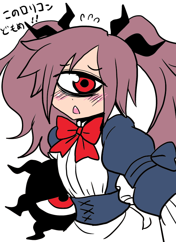 1girl, :<, backbeard_(monster_musume), blush, bow, brown_hair, cyclops, eyebrows_visible_through_hair
