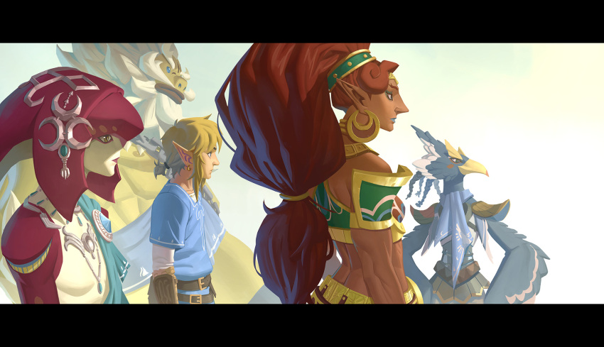 2girls, 3boys, armor, back, beak, beard, big_hair, blonde_hair