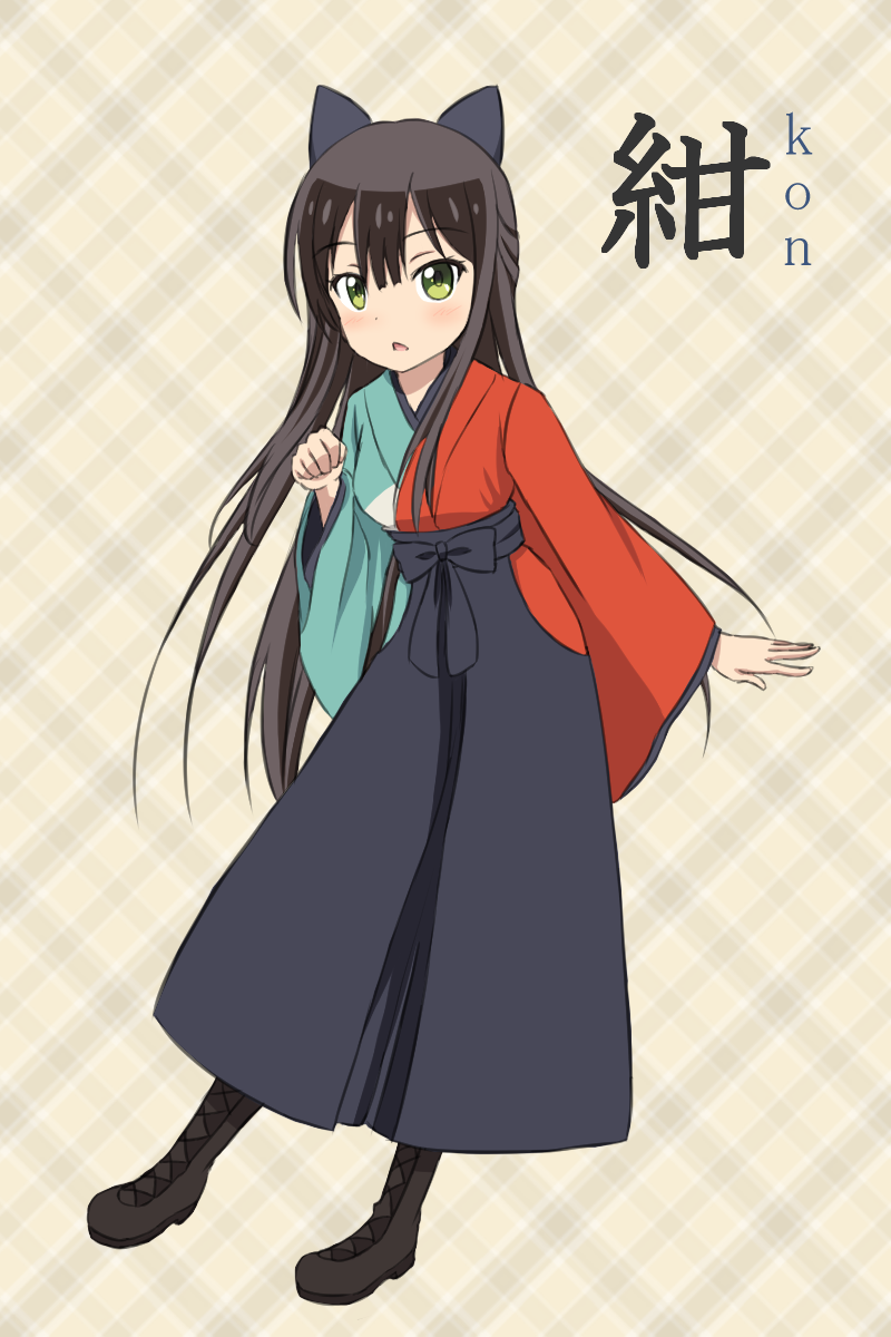 1girl, :o, argyle, argyle_background, bangs, beige_background, black_bow, black_footwear