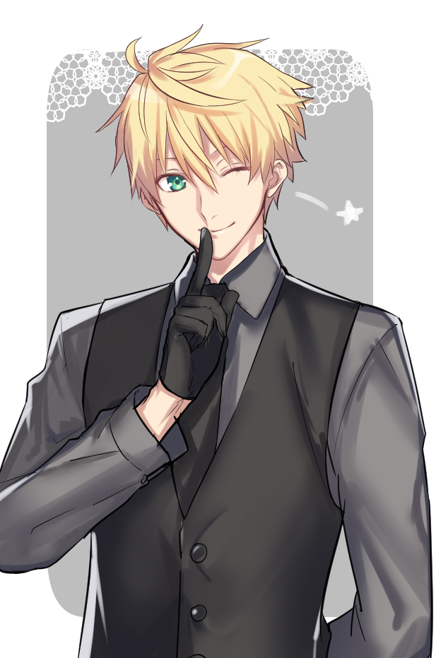 1boy, ;), ahoge, arm_behind_back, bangs, black_gloves, black_vest, blonde_hair, collared_shirt, commentary_request, fate/prototype, fate_(series), finger_to_mouth, gloves, green_eyes, grey_background, grey_shirt, hair_between_eyes, index_finger_raised, long_sleeves, looking_at_viewer, male_focus, one_eye_closed, saber_(fate/prototype), seseragi_azuma, shirt, shushing, smile, solo, star, two-tone_background, upper_body, vest, wing_collar