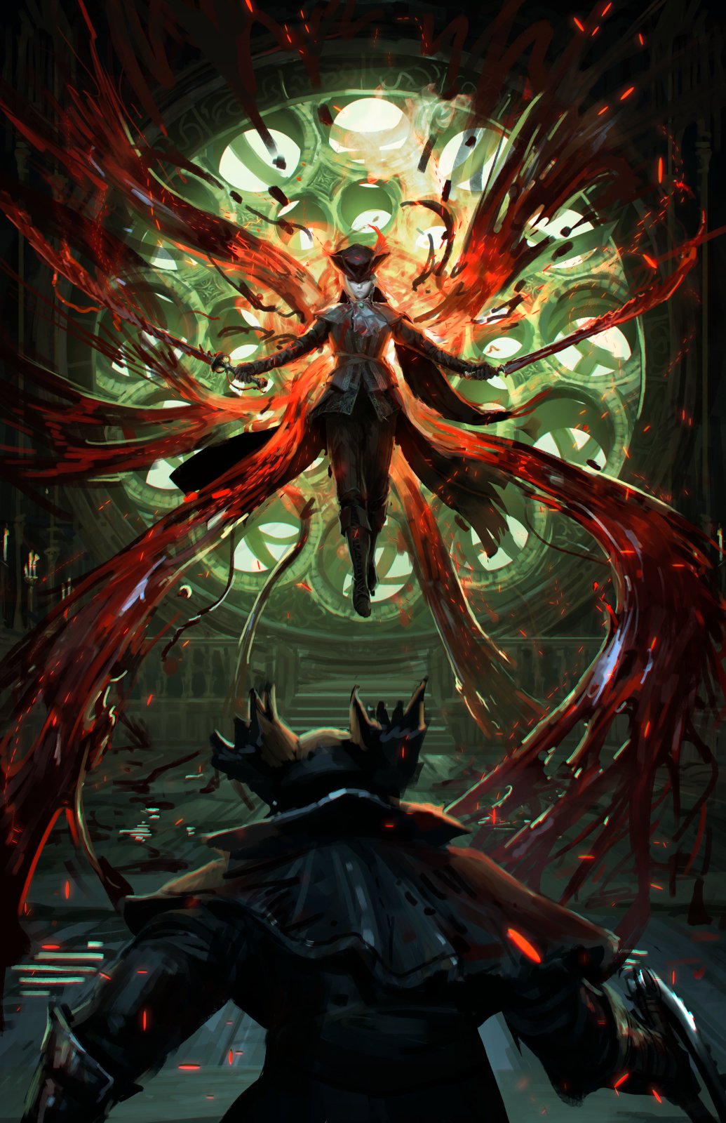 1boy, 1girl, bangs, blonde_hair, blood, bloodborne, bonnet, cloak