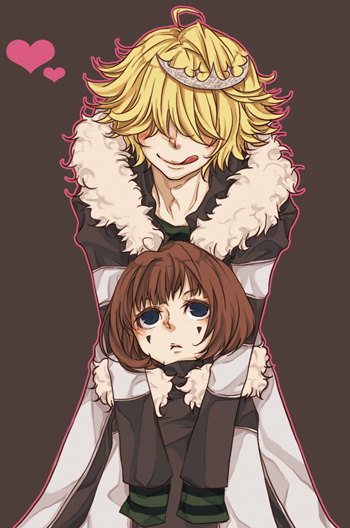 androgynous, arcobaleno, belphegor_(reborn), blonde_hair, hair_over_eyes, katekyo_hitman_reborn, male_focus, mammon_(reborn), multiple_boys, shirt, short_hair, smile, tiara