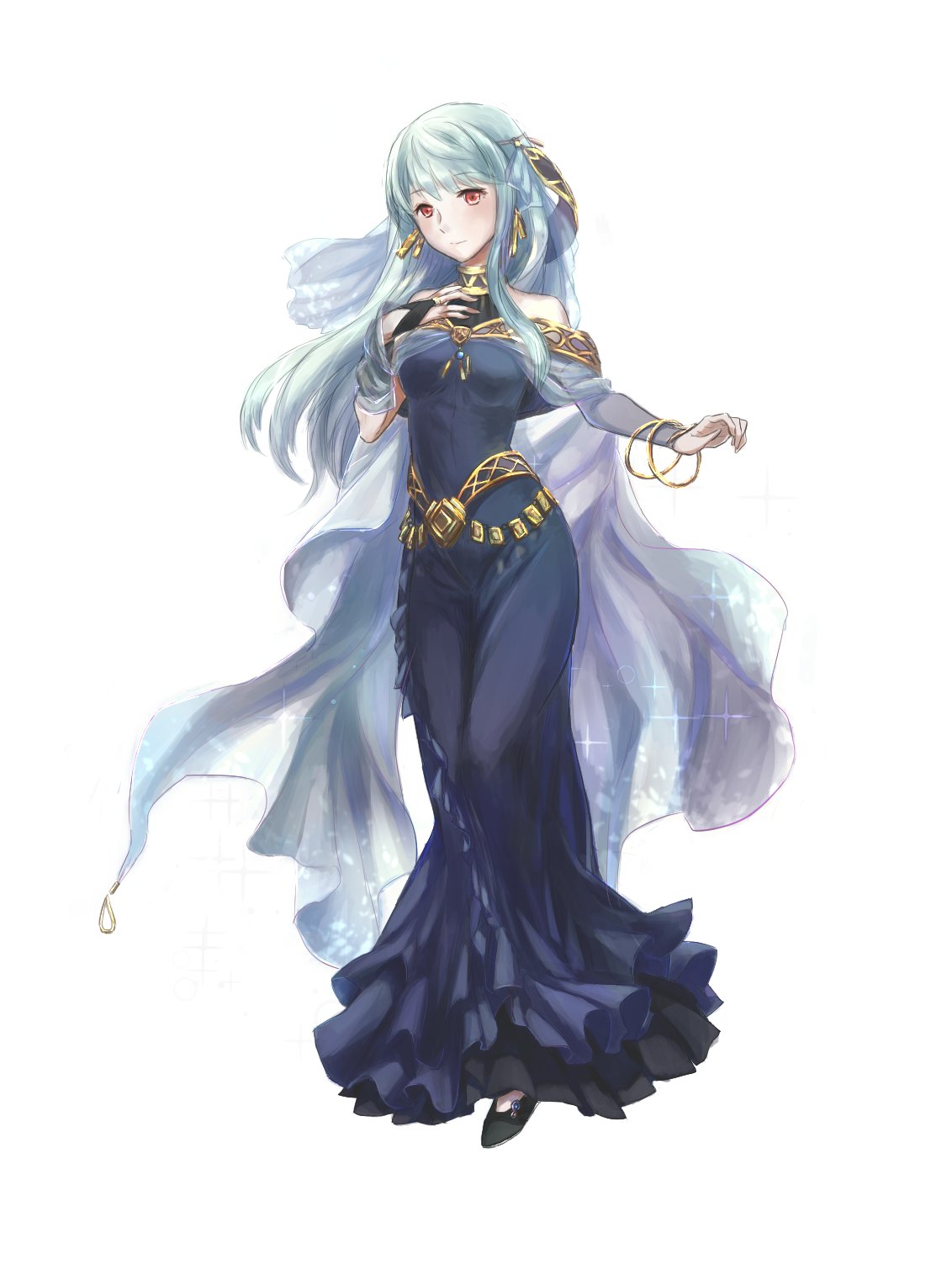 1girl, alternate_costume, bare_shoulders, blue_hair, cape, dress, fire_emblem, fire_emblem:_rekka_no_ken, fire_emblem_heroes, full_body, hair_ornament, highres, long_hair, looking_at_viewer, mamkute, ninian, red_eyes, smile, solo, yuhkirby