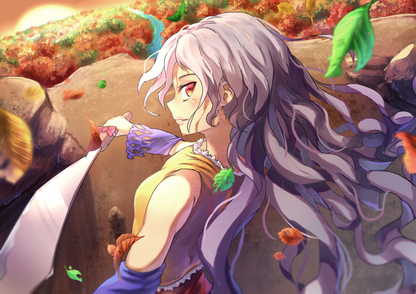 1girl, autumn, autumn_leaves, breasts, detached_sleeves, dress, from_behind, hatchet