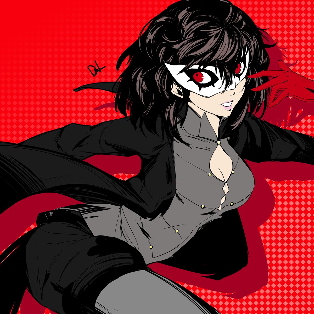 10s, 1girl, amamiya_ren, atlus, black_hair, dh_(brink_of_memories), genderswap, genderswap_(mtf), glasses, gloves, highres, kurusu_akira, long_hair, looking_at_viewer, mask, megami_tensei, persona, persona_5, red_eyes, short_hair, simple_background, smile, solo