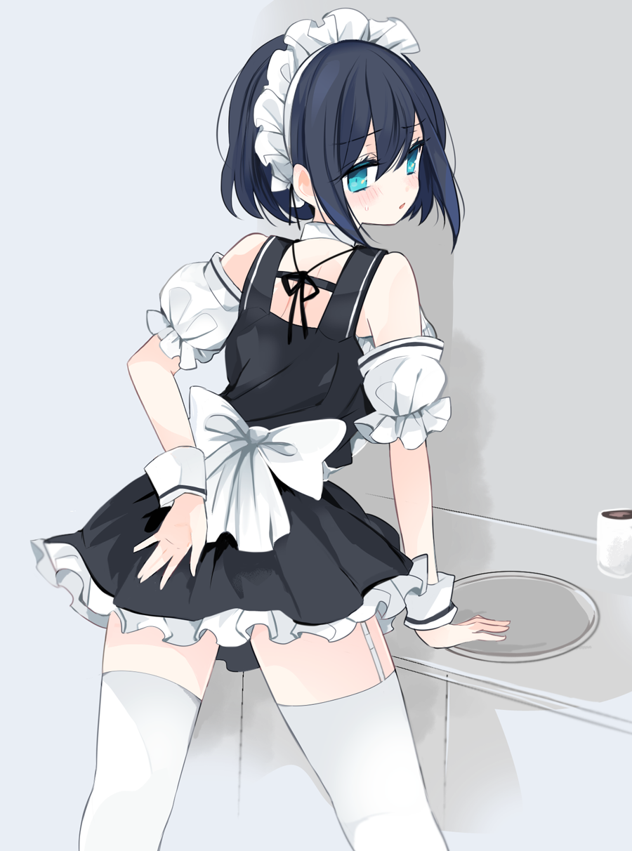 1girl, amesawa_mokke, arm_behind_back, bangs, black_dress, blue_eyes, blue_hair, blush