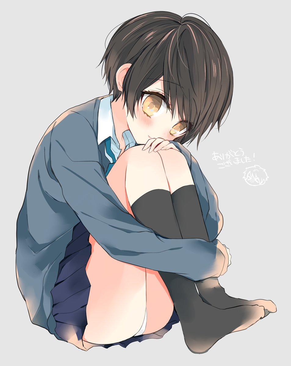1girl, amesawa_mokke, bangs, black_hair, black_legwear, blue_neckwear, blush, brown_eyes