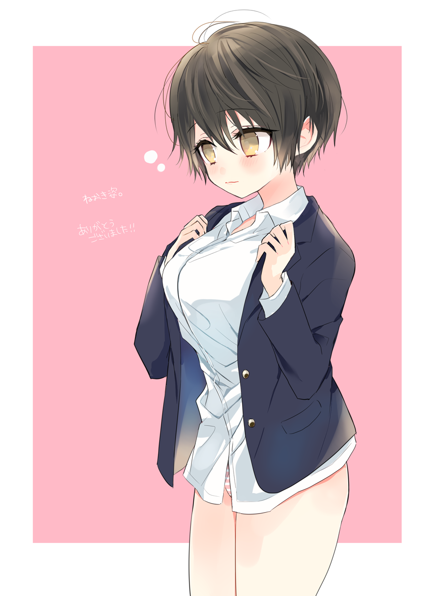 1girl, amesawa_mokke, bangs, blazer, blush, breasts, closed_mouth, cowboy_shot