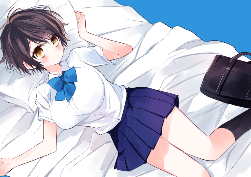 1girl, amesawa_mokke, bag, bangs, blouse, blue_background, blue_skirt, blush