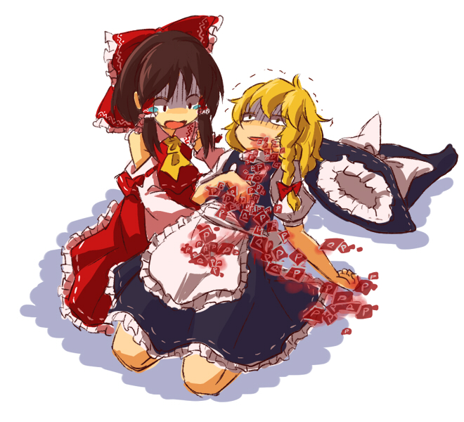 blonde_hair, blood, bow, brown_hair, dying, hair_bow, hakurei_reimu, hat