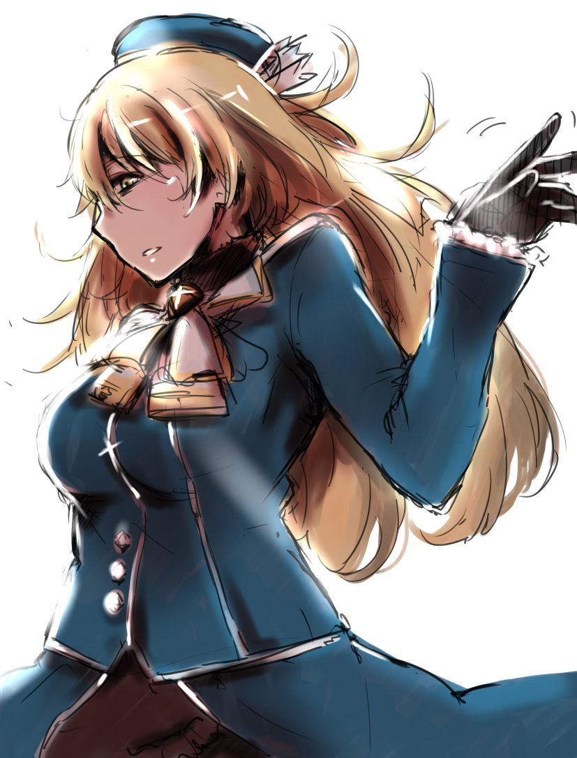 1girl, ascot, atago_(kantai_collection), beret, black_gloves, black_legwear, blonde_hair, blue_eyes
