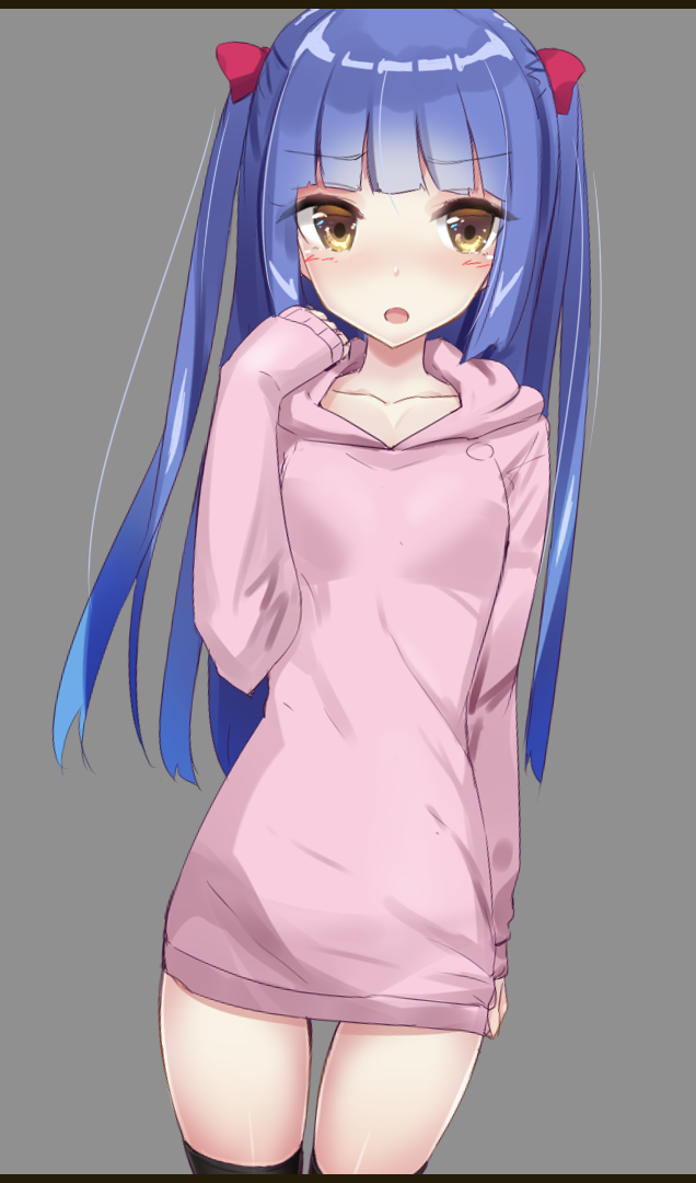 1girl, :o, arm_at_side, bangs, black_legwear, blue_hair, blunt_bangs, blush