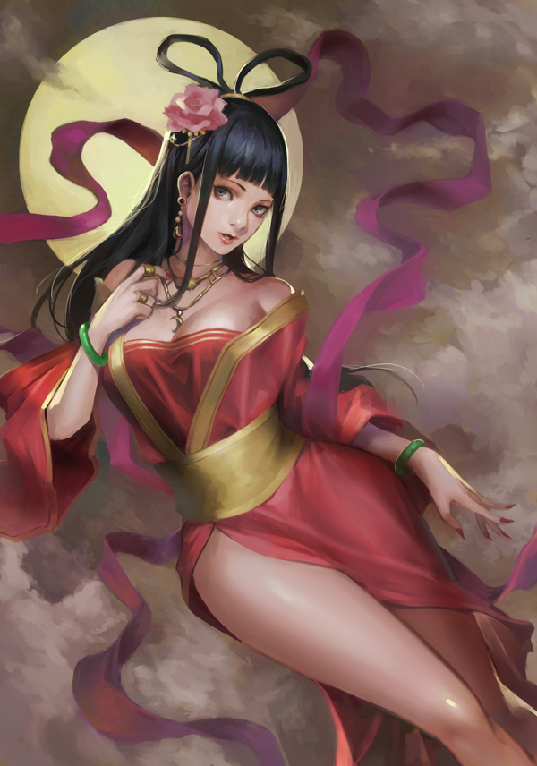 1girl, bangs, bare_shoulders, black_eyes, black_hair, blunt_bangs, bracelet, breasts
