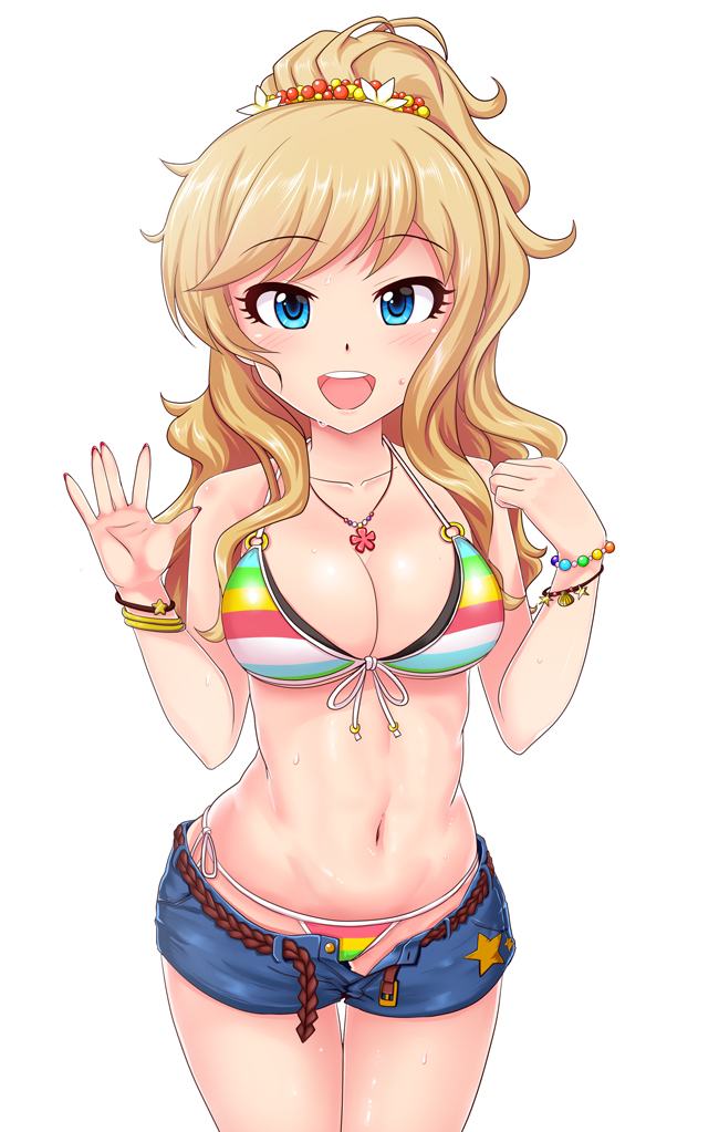 1girl, :d, bangle, bangs, bare_arms, bare_shoulders, belt, belt_buckle, bikini, bikini_under_clothes, blonde_hair, blue_eyes, blush, bracelet, breasts, buckle, cleavage, collarbone, commentary_request, cowboy_shot, eyebrows_visible_through_hair, eyelashes, flower, front-tie_bikini, front-tie_top, hair_flower, hair_ornament, hands_up, idolmaster, idolmaster_cinderella_girls, jewelry, lightning_bolt, long_hair, looking_at_viewer, medium_breasts, momoda_yasuhito, multicolored, multicolored_bikini, multicolored_clothes, navel, ootsuki_yui, open_fly, open_mouth, pearl_bracelet, ponytail, round_teeth, short_shorts, shorts, side-tie_bikini, sidelocks, smile, solo, standing, stomach, sweat, swept_bangs, swimsuit, teeth, thigh_gap, unbuckled_belt, wavy_hair