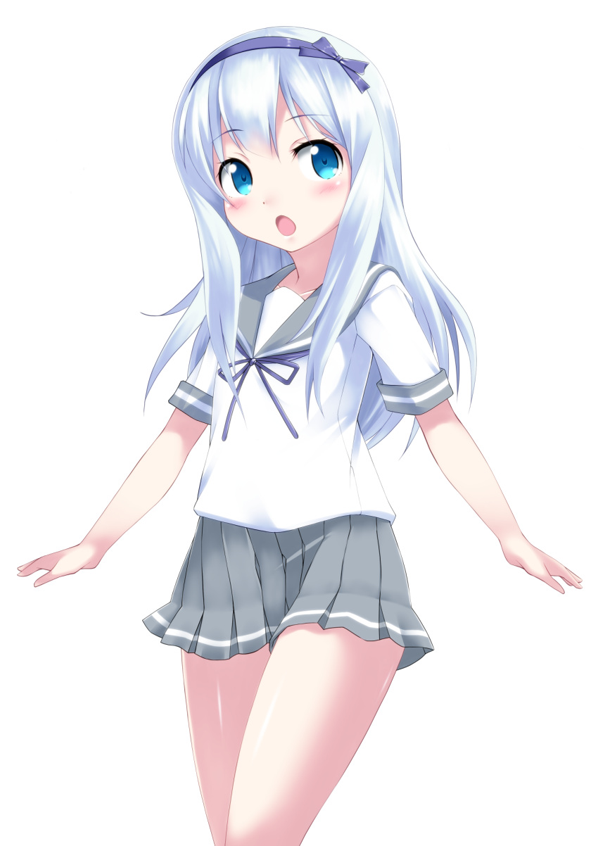 1girl, blue_eyes, blush, cosplay, cowboy_shot, eromanga_sensei, grey_sailor_collar, grey_skirt, hairband, highres, izumi_sagiri, kantai_collection, kaze_makase, long_hair, looking_at_viewer, namesake, open_mouth, pleated_skirt, purple_hairband, sagiri_(kantai_collection), sagiri_(kantai_collection)_(cosplay), school_uniform, serafuku, silver_hair, simple_background, skirt, solo, white_background