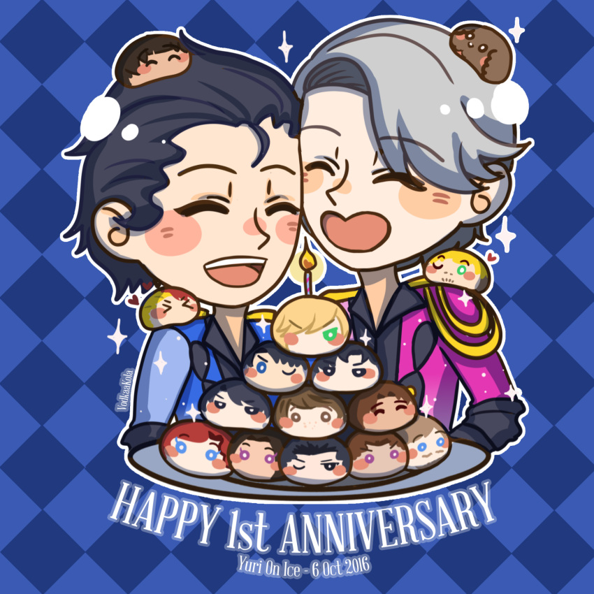 >_<, 2boys, ^_^, anniversary, black_hair, blush_stickers, candle, character_doll