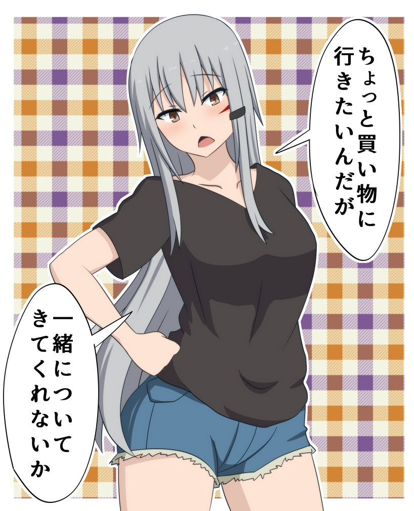 1girl, black_shirt, blush, bokota_(bokobokota), breasts, brown_eyes, checkered, checkered_background