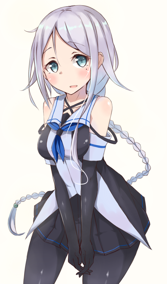 1girl, bangs, black_gloves, black_legwear, black_skirt, blue_eyes, blush, braid, collared_shirt, cowboy_shot, elbow_gloves, gloves, hands_together, highres, kantai_collection, long_hair, looking_at_viewer, mole, mole_under_eye, neckerchief, pantyhose, parted_bangs, pleated_skirt, school_uniform, serafuku, shirt, silver_hair, single_braid, skirt, sleeveless, sleeveless_shirt, solo, umikaze_(kantai_collection), very_long_hair, wasumi_kei