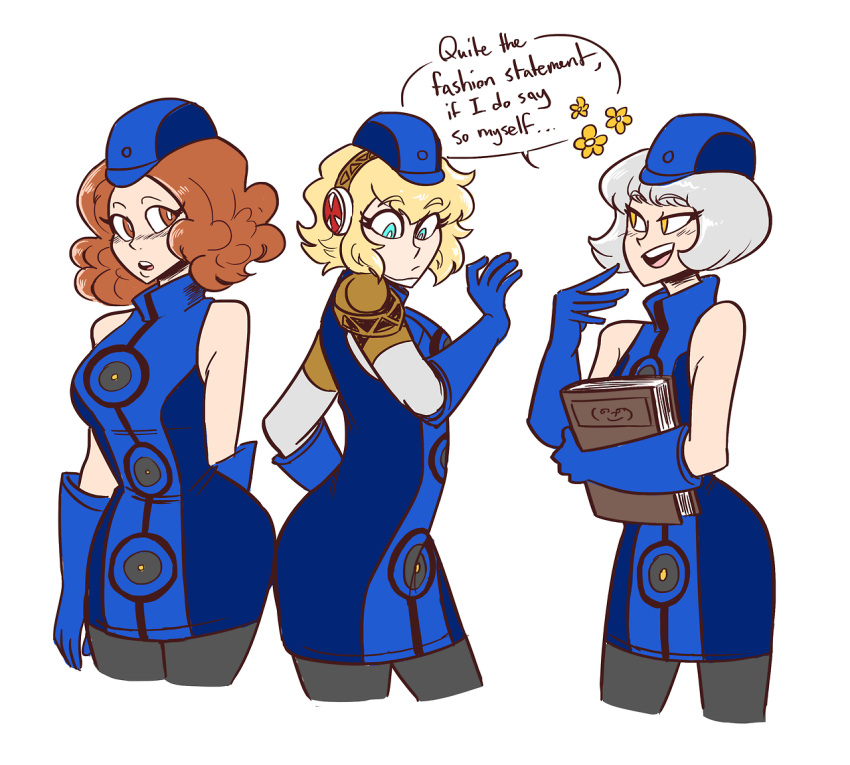 3girls, aegis_(persona), android, aqua_eyes, bare_shoulders, black_legwear, blonde_hair, blush