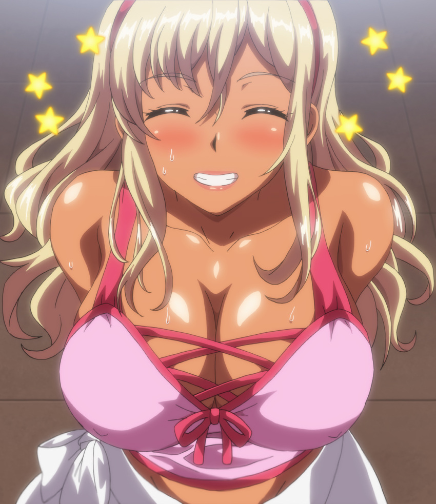 1girl, arms_behind_back, baka_dakedo_chinchin_shaburu_no_dake_wa_jouzu_na_chii-chan, blonde_hair, blush, breasts, cleavage, closed_eyes