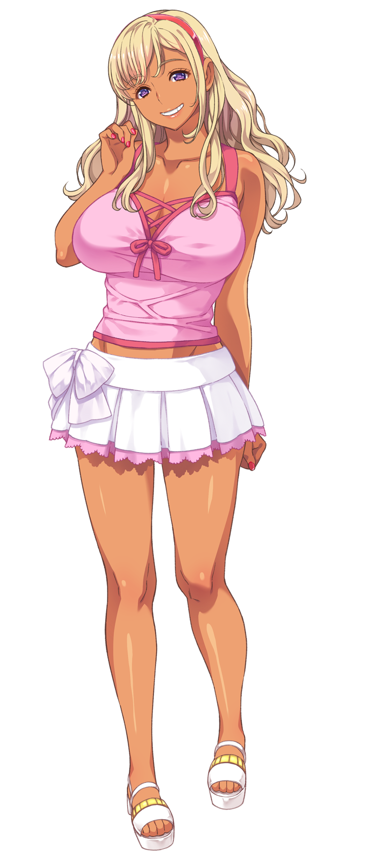 1girl, baka_dakedo_chinchin_shaburu_no_dake_wa_jouzu_na_chii-chan, blonde_hair, breasts, dark_skin, full_body, grin, hairband