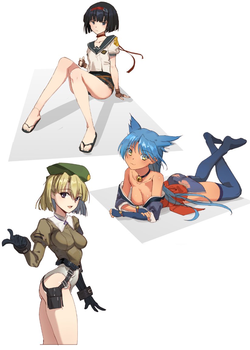 3girls, :3, bare_shoulders, bell, bell_choker, beret, black_gloves, blue_hair, blue_legwear, breasts, brown_gloves, choker, cleavage, contrapposto, cowboy_shot, dark_skin, fingerless_gloves, flip-flops, floral_print, full_body, gloves, hair_flaps, hairband, hat, index_finger_raised, japanese_clothes, jingle_bell, kimono, leotard, light_brown_hair, lying, medium_breasts, multiple_girls, obi, on_stomach, pouch, rance_(series), sailor_collar, sailor_shirt, sandals, sash, seinen, sengoku_rance, shirt, short_hair, short_kimono, sitting, slit_pupils, suzume_(rance), swimsuit, swimsuit_under_clothes, thigh-highs, urza_pranaice, violet_eyes, yellow_eyes, yuzuhara_yuzumi