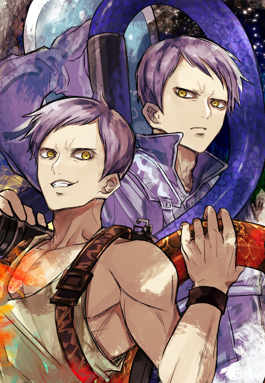 2boys, brothers, flamethrower, grin, highres, hose, jumpsuit, juuni_taisen